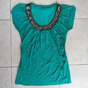 Anthropologie Velvet Brand Emerald Green Embellished Top Size L Made in USA